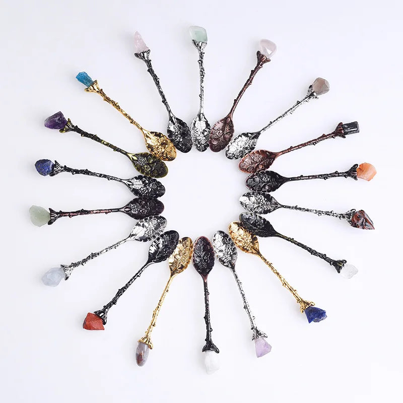 Natural White Yellow Purple pink Green Aventurine Colorful Crystal Agate Stone Inlaid with Retro Carved Spoon Stirring Tea Set