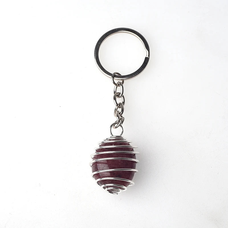 Natural Gemstone Tumble Stone Pendant Keychain Rings Reki Healing Stone Crystal Stainless Steel Spring Cage Lovely Key Chain