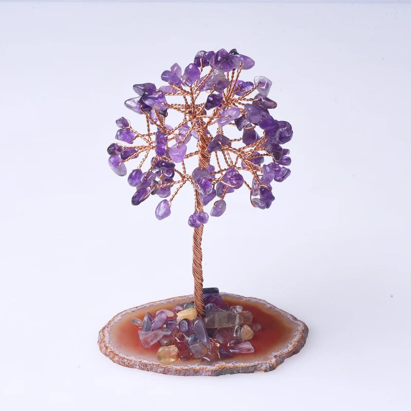 Wholesale Handmade Seven Chakra Tree Crystal Money Tree Ornaments Agate Slice Base Fortune Tree with Natural Stone for Souvenirs