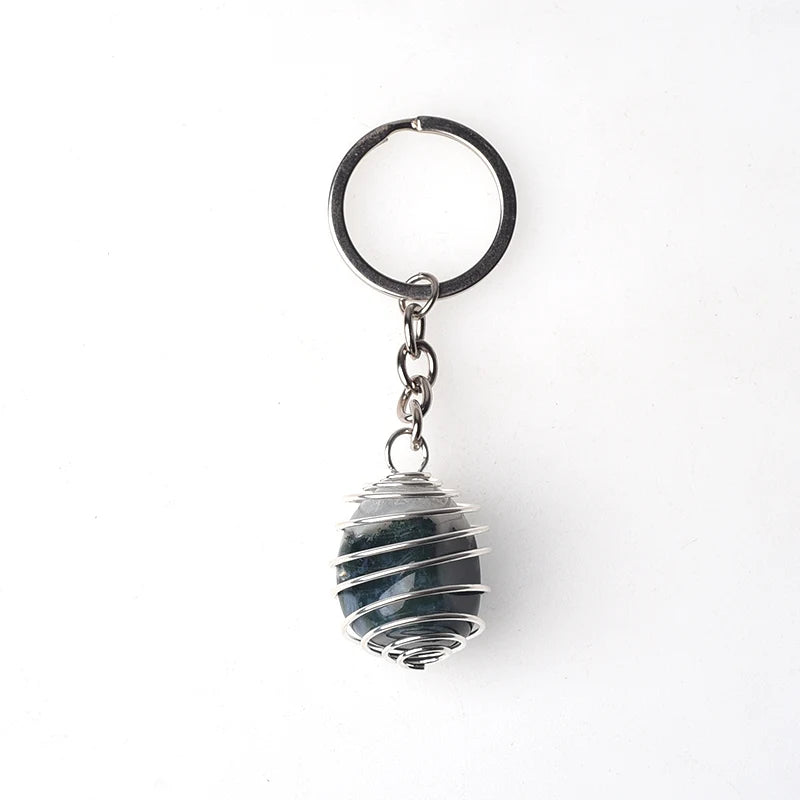 Natural Gemstone Tumble Stone Pendant Keychain Rings Reki Healing Stone Crystal Stainless Steel Spring Cage Lovely Key Chain