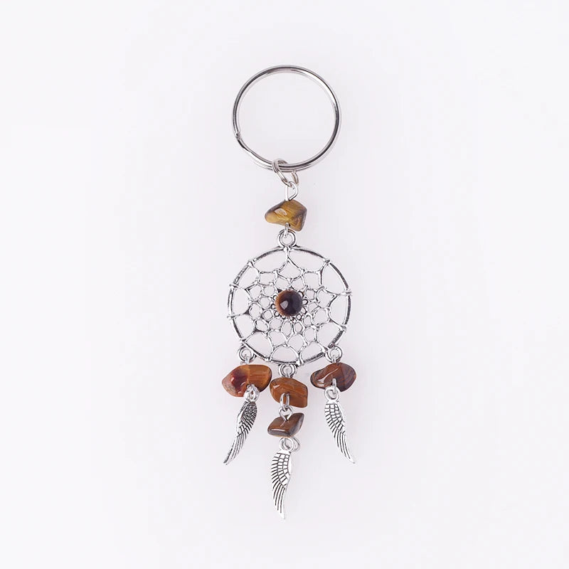 Hot Selling Keyring Stainless Steel Natural Gemstone Crystal Keychain Dreamcatcher Key Ring for Accessories