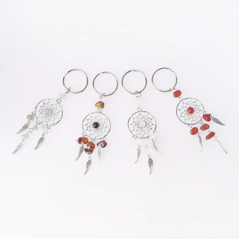 Hot Selling Keyring Stainless Steel Natural Gemstone Crystal Keychain Dreamcatcher Key Ring for Accessories