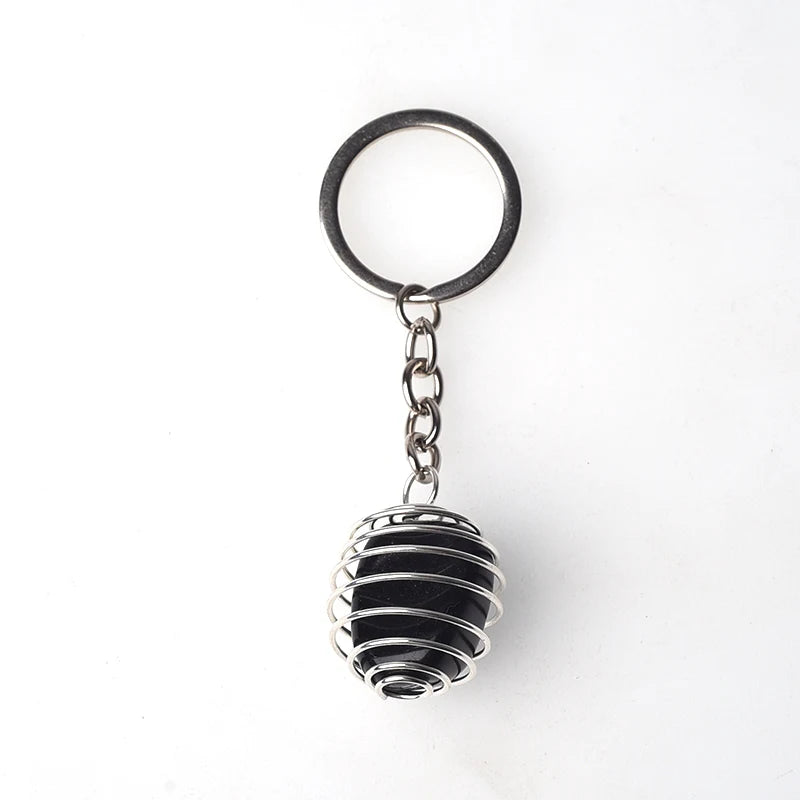 Natural Gemstone Tumble Stone Pendant Keychain Rings Reki Healing Stone Crystal Stainless Steel Spring Cage Lovely Key Chain