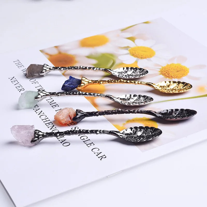 Natural White Yellow Purple pink Green Aventurine Colorful Crystal Agate Stone Inlaid with Retro Carved Spoon Stirring Tea Set