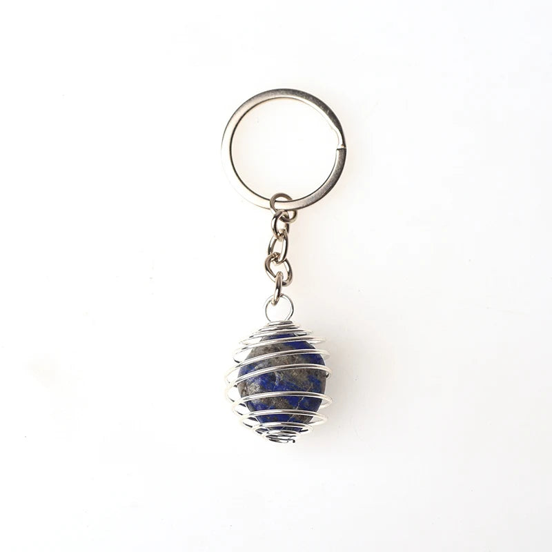 Natural Gemstone Tumble Stone Pendant Keychain Rings Reki Healing Stone Crystal Stainless Steel Spring Cage Lovely Key Chain