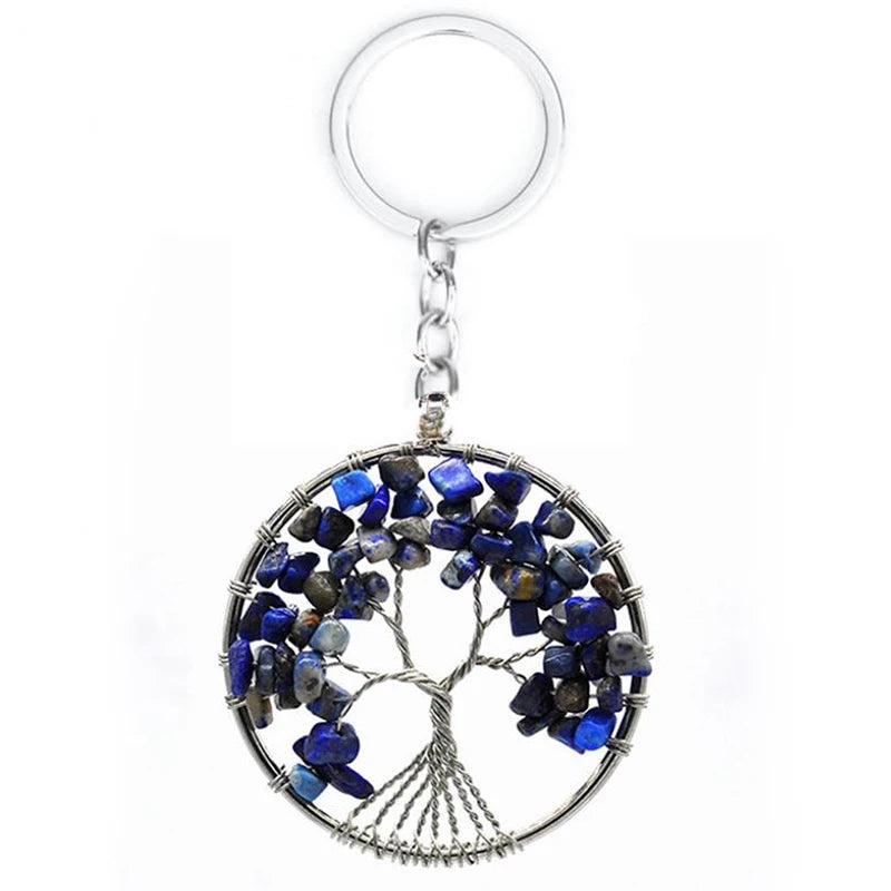 Wholesale Natural Crystal Stone 7 Chakra Round Tree of Life Keychains Key Ring Key Holder for Women Car Bags Accessories