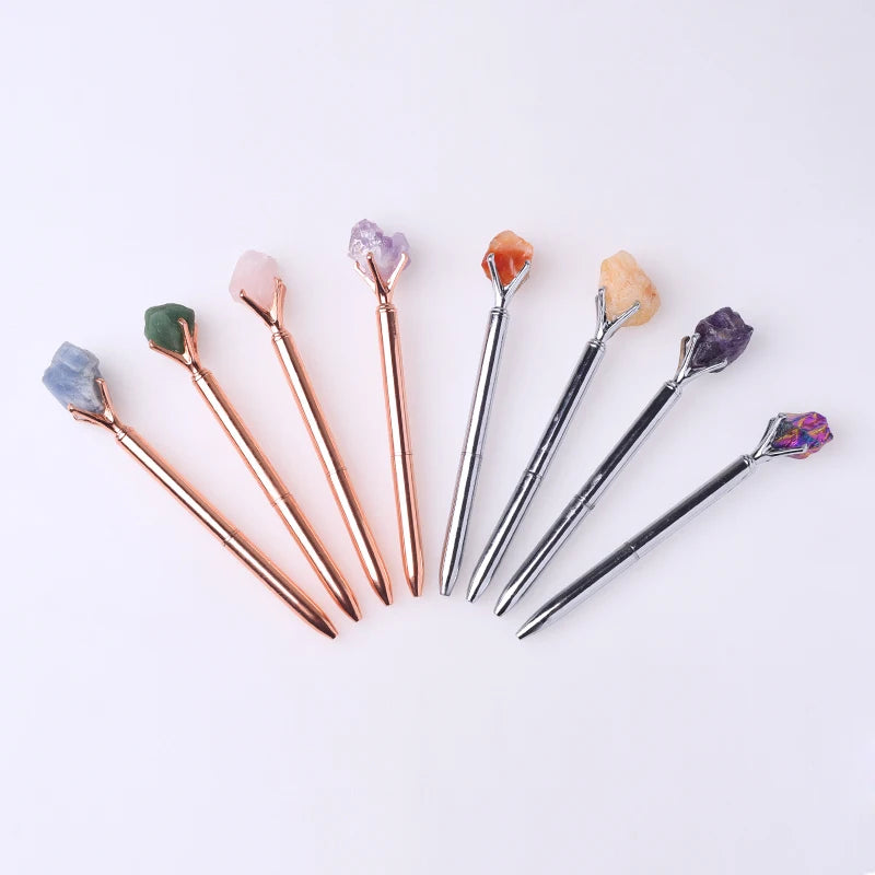 Wholesale Natur Carv Gemstones Golden Silver Metal Pen Handmade Crystal Crafts Natural Stone Raw Crystal Pens for Gift