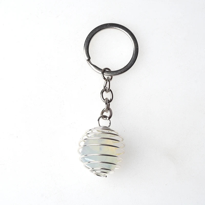 Natural Gemstone Tumble Stone Pendant Keychain Rings Reki Healing Stone Crystal Stainless Steel Spring Cage Lovely Key Chain