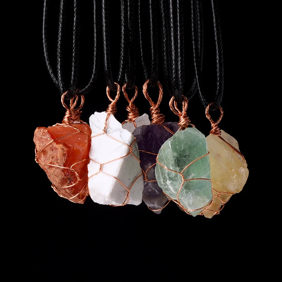 Irregular Gemstone Natural Stone Crystals Healing Stones Wire Wrap Rock Raw Clear Rose Quartz Pendant Necklace Jewelry