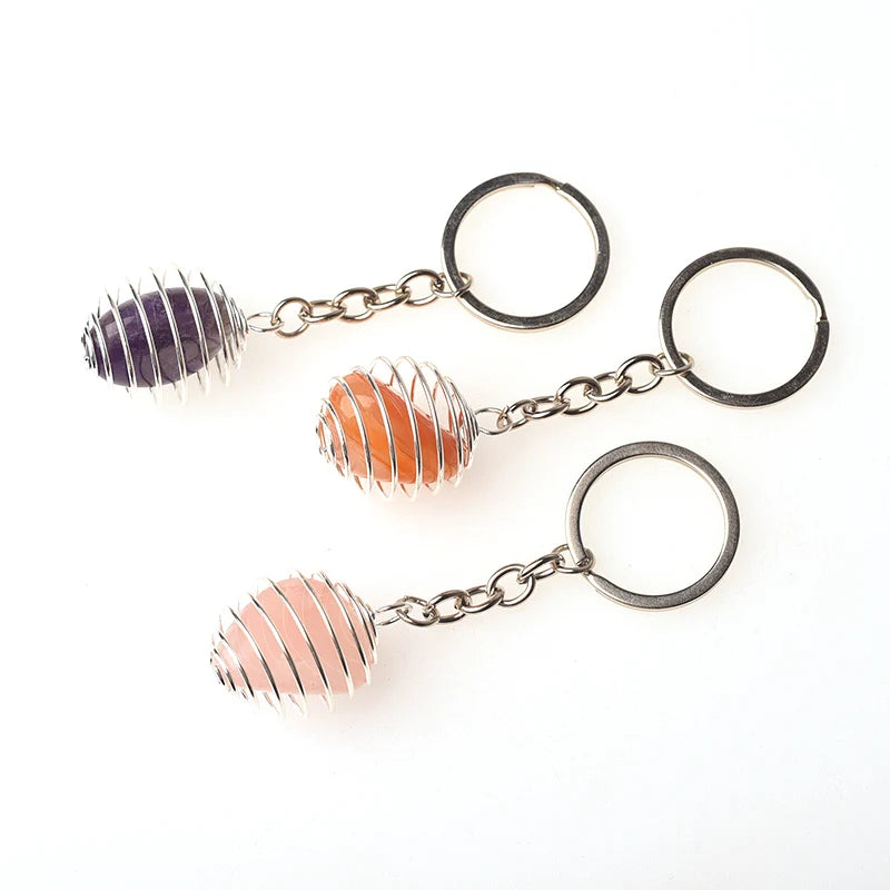 Natural Gemstone Tumble Stone Pendant Keychain Rings Reki Healing Stone Crystal Stainless Steel Spring Cage Lovely Key Chain