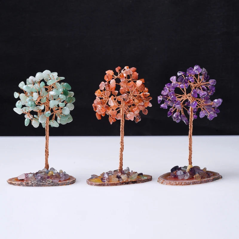 Wholesale Handmade Seven Chakra Tree Crystal Money Tree Ornaments Agate Slice Base Fortune Tree with Natural Stone for Souvenirs