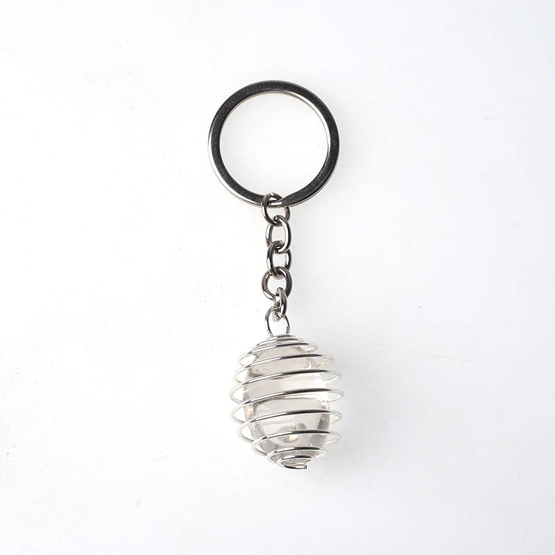 Natural Gemstone Tumble Stone Pendant Keychain Rings Reki Healing Stone Crystal Stainless Steel Spring Cage Lovely Key Chain