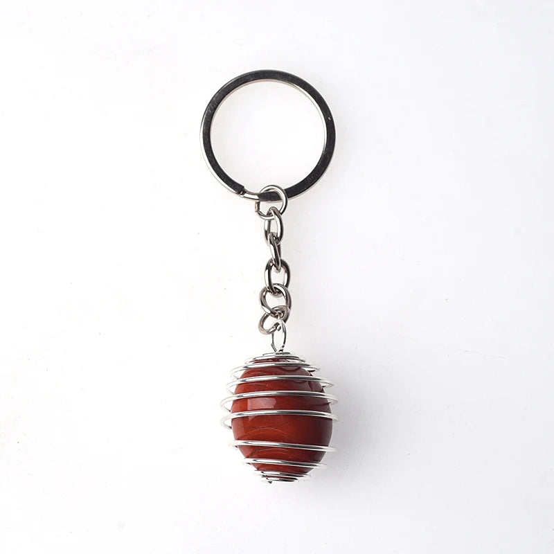 Natural Gemstone Tumble Stone Pendant Keychain Rings Reki Healing Stone Crystal Stainless Steel Spring Cage Lovely Key Chain