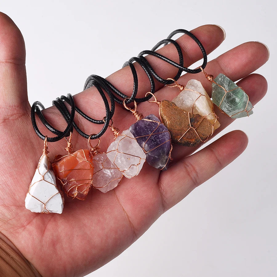 Irregular Gemstone Natural Stone Crystals Healing Stones Wire Wrap Rock Raw Clear Rose Quartz Pendant Necklace Jewelry