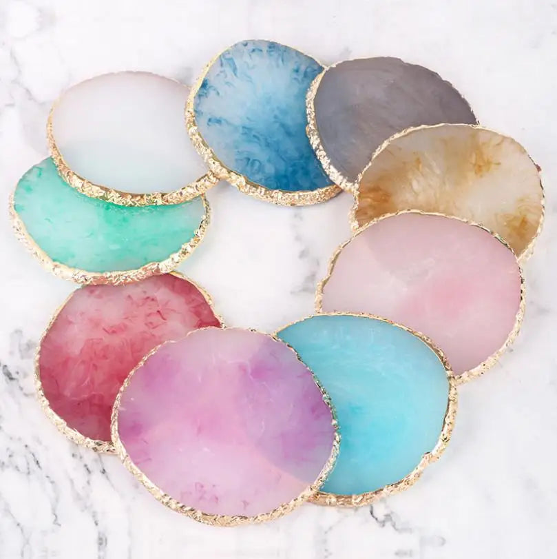 Wholesale Crystal Stone Geode Agate Slice Coaster Gold Trim Round Green Blue White Rose DIY Resin Coaster