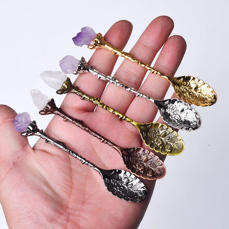 Wholesale Crystals Healing Stone Natural Amethyst Raw Tooth Crystal Rose Gold Mini Dessert Spoon Gifts