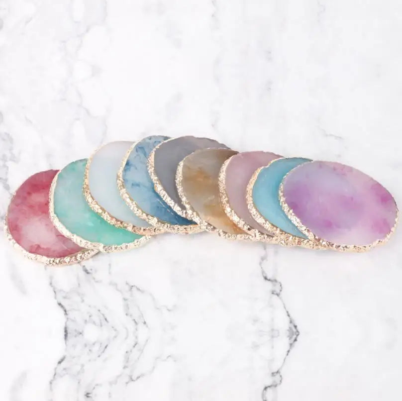 Wholesale Crystal Stone Geode Agate Slice Coaster Gold Trim Round Green Blue White Rose DIY Resin Coaster
