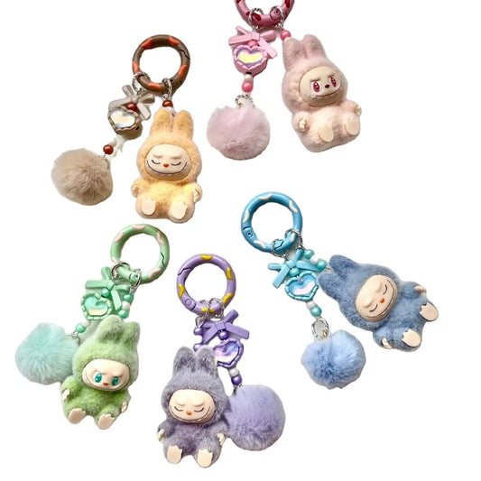 High Quality Mini Flocked Labubu Have a Seat Doll Diy Jewelry Accessories Flocked Labubu Figure Keychain Dolls
