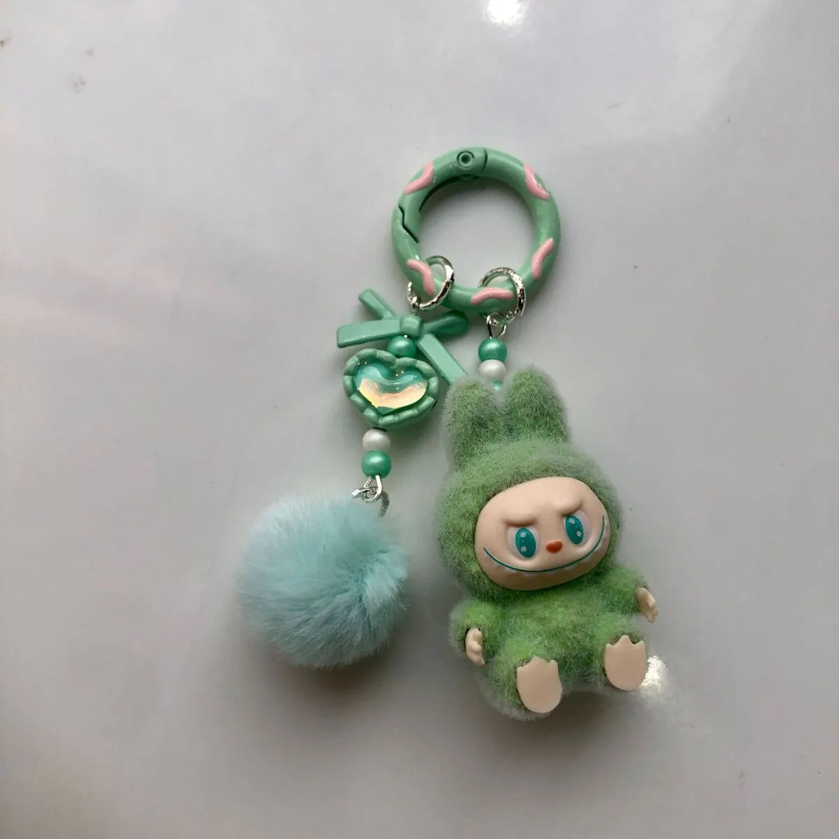 High Quality Mini Flocked Labubu Have a Seat Doll Diy Jewelry Accessories Flocked Labubu Figure Keychain Dolls