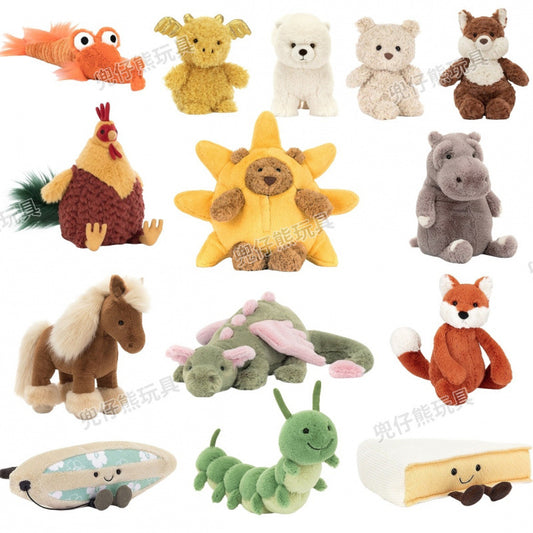 Jellycat plush toys with complete labels, including the Sun, Barcelona Bear cub, and Flying Dragon plush toys, available for wholesale as gifts