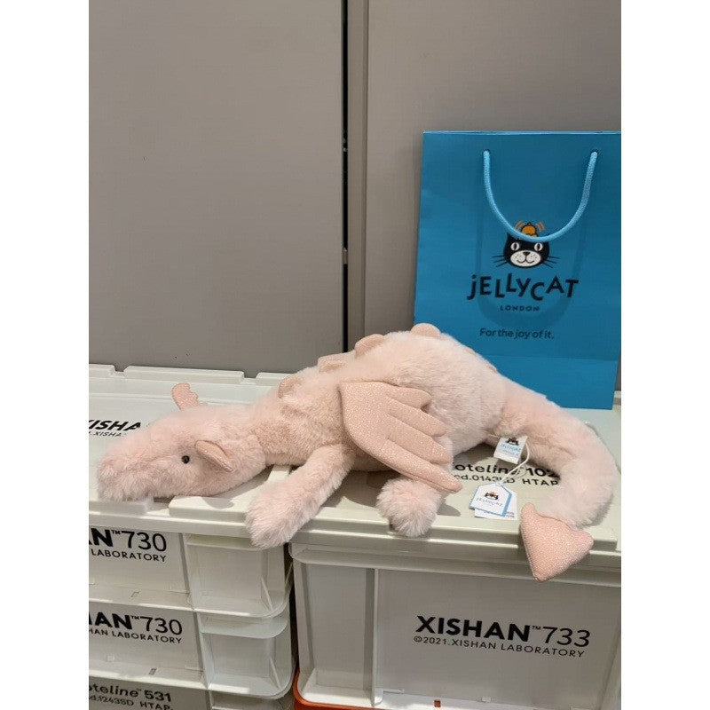 Jellycat plush toys with complete labels, including the Sun, Barcelona Bear cub, and Flying Dragon plush toys, available for wholesale as gifts